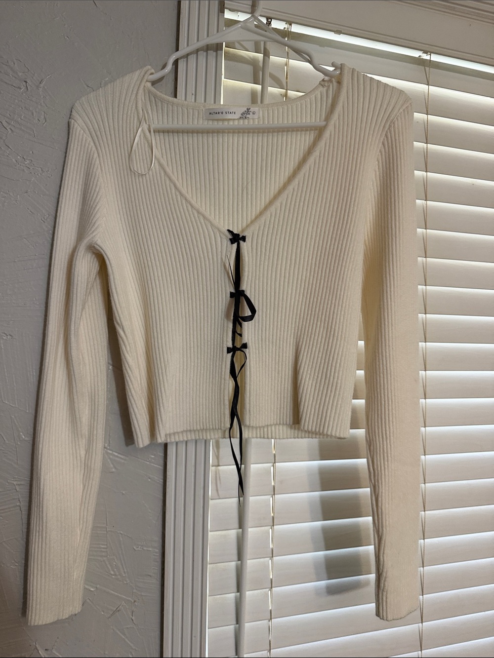 Cream Ribbed Tie-Front Long Sleeve Top